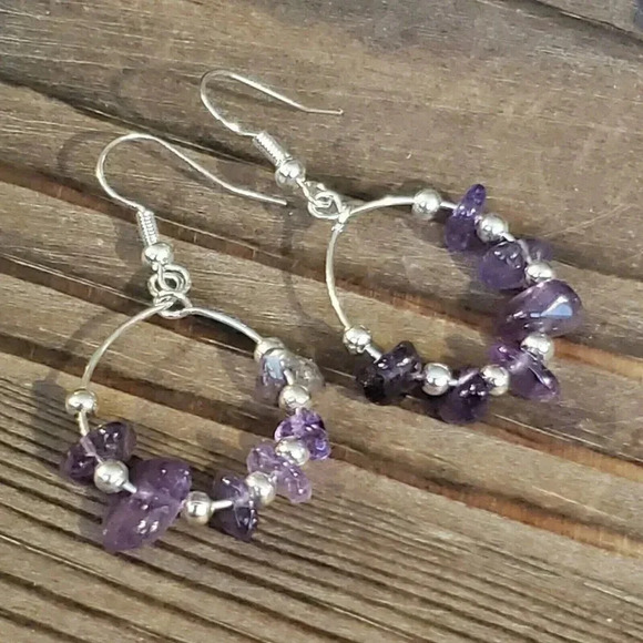 Hand Crafted Baroque Amethyst Gemstone Sterling Silver Plated Beads Earrings - Picture 6 of 7